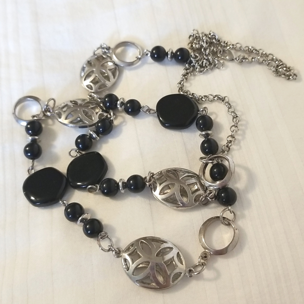 Silver Black Glass Bead Necklace - Picture 2 of 4